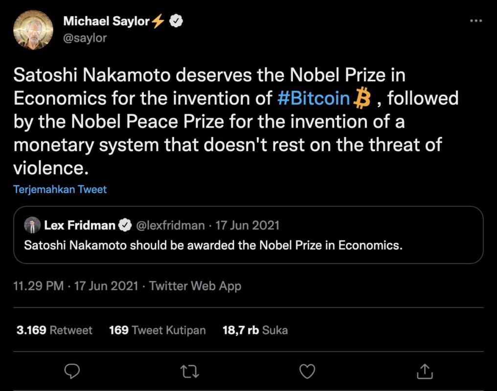 pencipta Bitcoin pantas mendapatkan Hadiah Nobel Perdamaian
