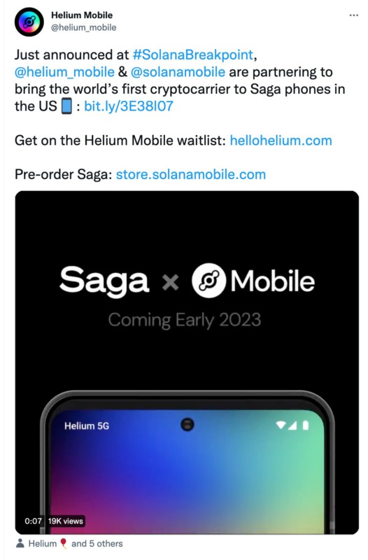 Helium Mobile x Solana announcement Twitter