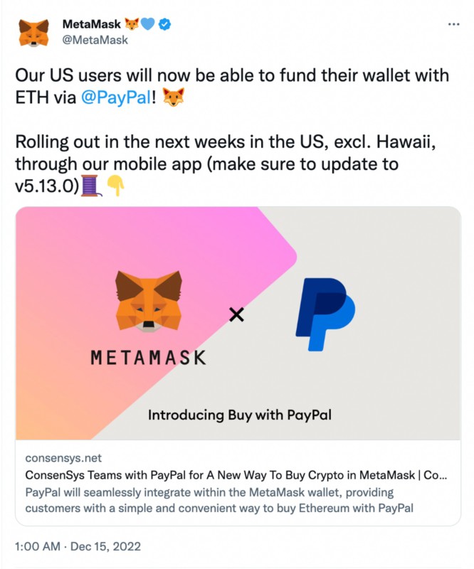 MetaMask x Paypal: Pengguna di AS Bisa Beli ETH Melalui Paypal