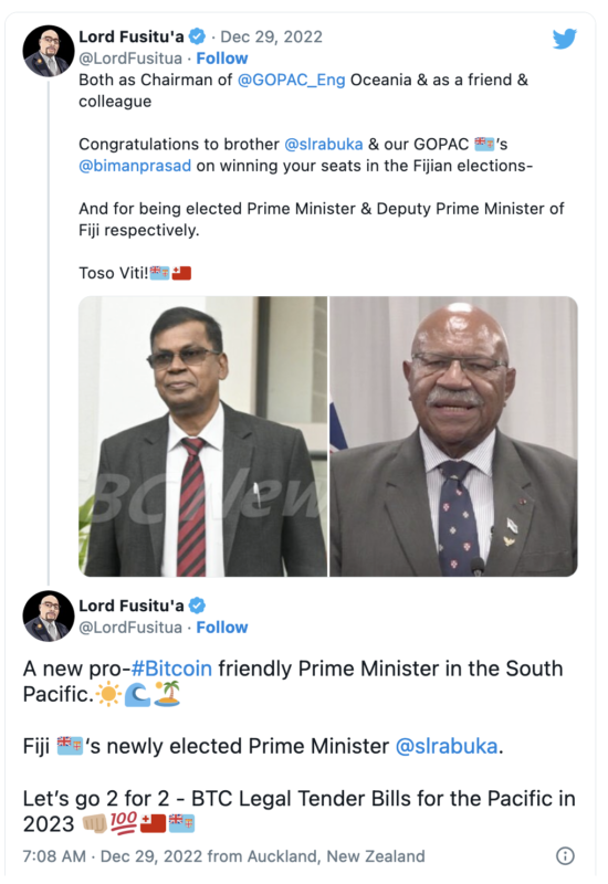 Perdana Menteri Fiji Dikenal Ramah Bitcoin