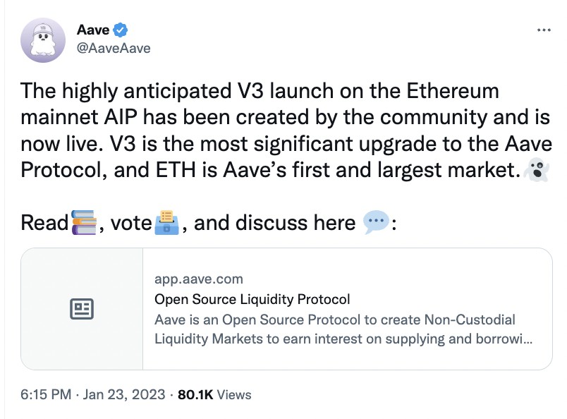 Protokol Aave V3 Telah Diterapkan di Blockchain Ethereum