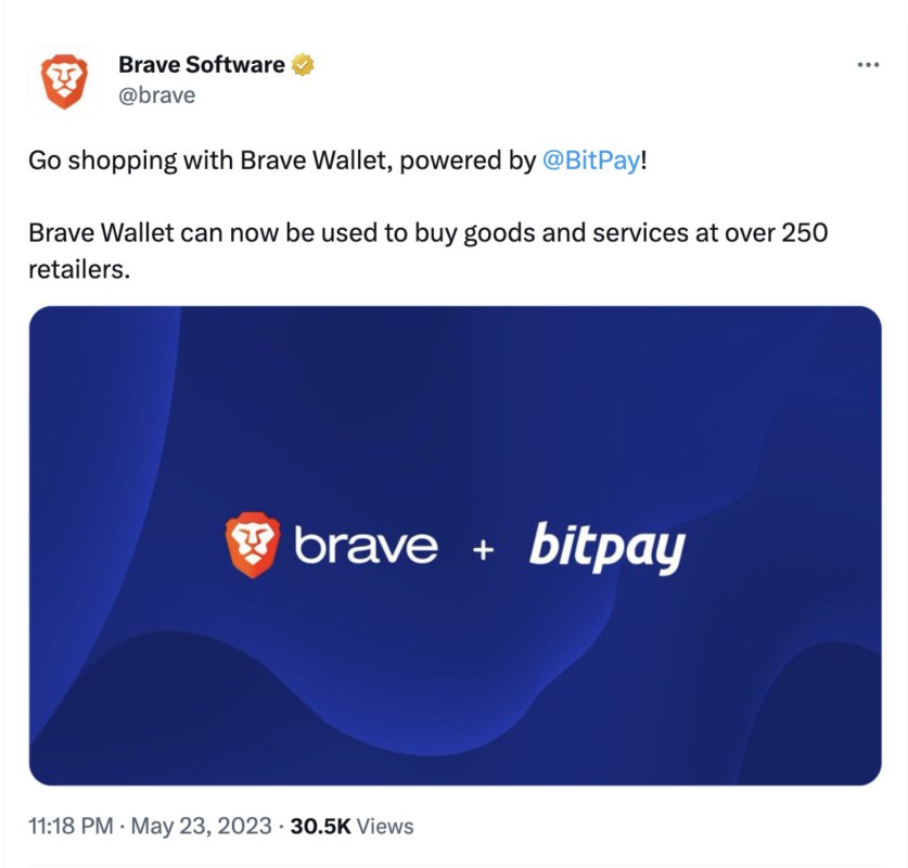 Brave Wallet telah mengintegrasikan protokol BitPay ke dalam platformnya. Integrasi ini memungkinkan pengguna Brave untuk dengan mudah menggunakan Shiba Inu (SHIB) dan lima belas mata uang crypto populer lainnya 
