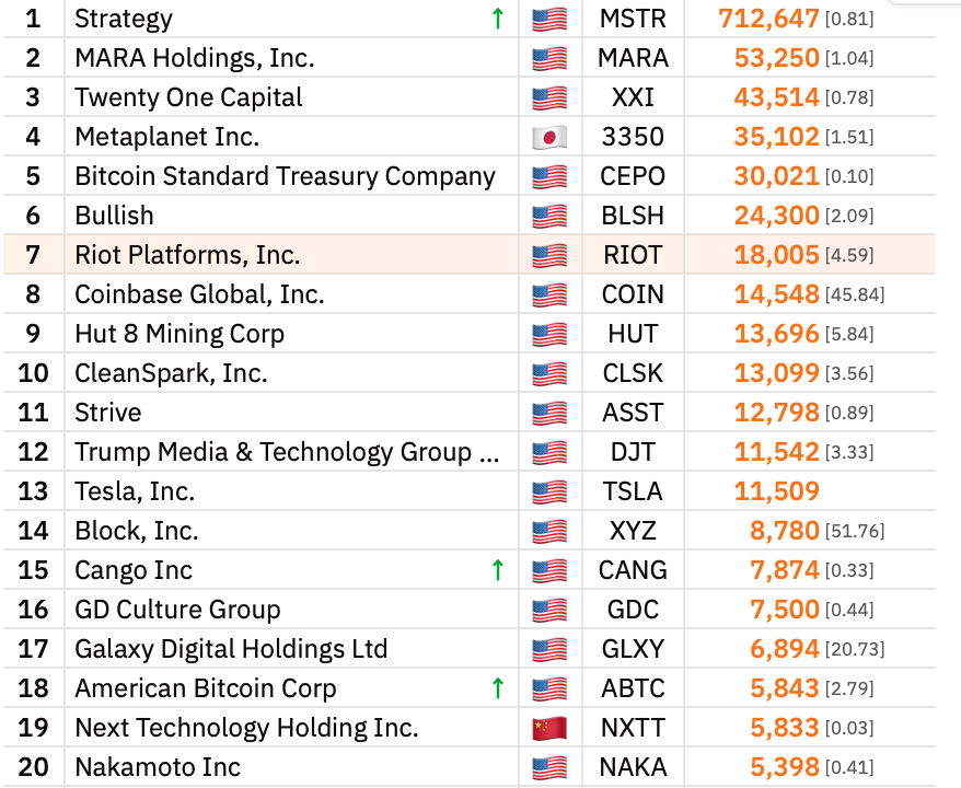 top 20 bitcoin treasury companies