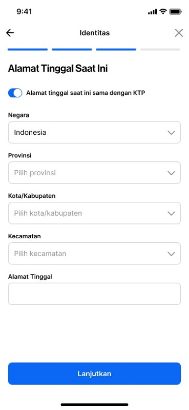 Halaman Alamat Tinggal Saat Ini saat memperbarui data di aplikasi Pintu