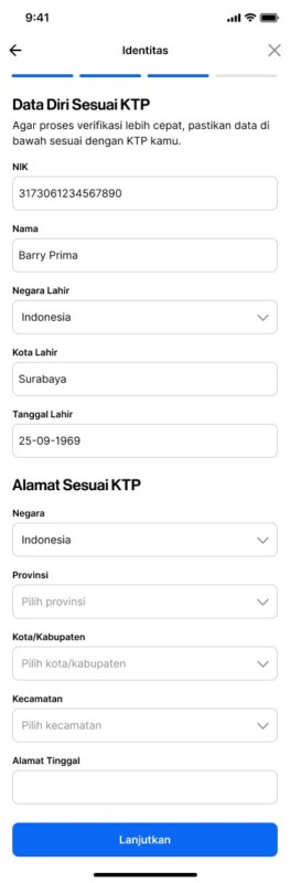 Halaman Data Diri Sesuai KTP saat memperbarui data di aplikasi Pintu
