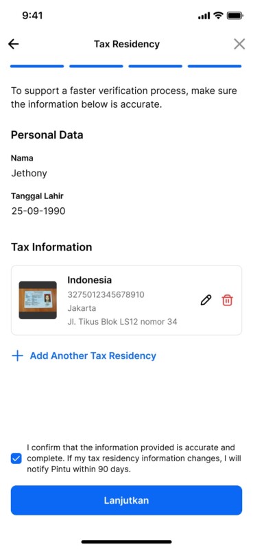 Halaman Tax Residency saat memperbarui data di aplikasi Pintu